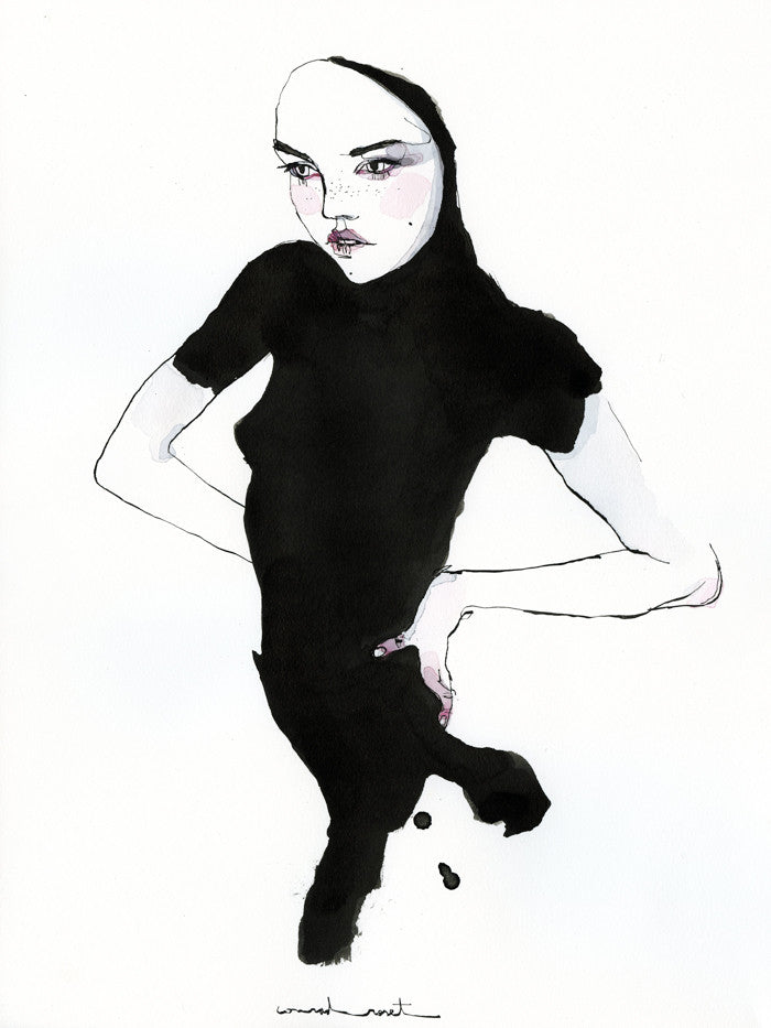 Watercolor and India ink illustration styled after Conrad Roset, depicting a woman in a black dress and hijab with one hand on her hip, emphasizing facial features and posture against a white background.