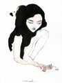 A minimalist illustration of a woman with long black hair, sitting with her knees up and gazing downward. Using India ink and watercolor on paper in black, white, and pale pink evokes an ethereal and contemplative mood reminiscent of Conrad Rosets style.
