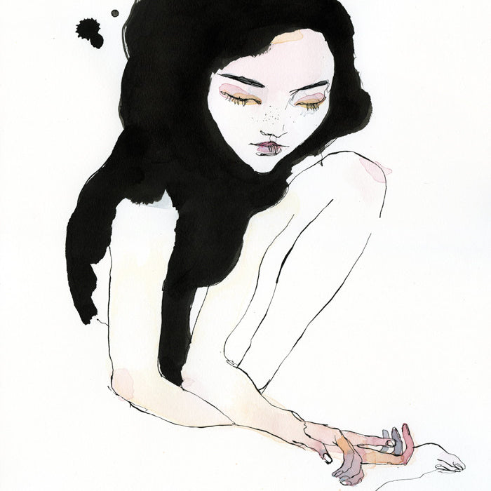 A minimalist illustration of a woman with long black hair, sitting with her knees up and gazing downward. Using India ink and watercolor on paper in black, white, and pale pink evokes an ethereal and contemplative mood reminiscent of Conrad Rosets style.