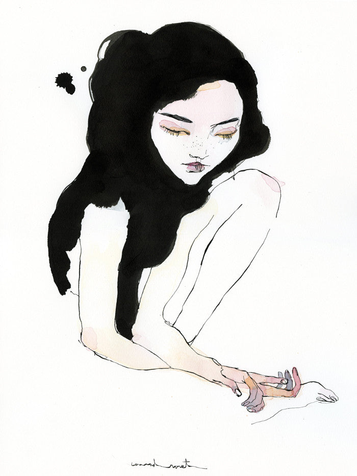 A minimalist illustration of a woman with long black hair, sitting with her knees up and gazing downward. Using India ink and watercolor on paper in black, white, and pale pink evokes an ethereal and contemplative mood reminiscent of Conrad Rosets style.