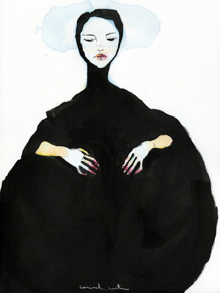 Watercolor and India ink illustration of a serene woman with pale skin, black hair, and dark clothing blending into the background, her hands gently resting on her voluminous outfit contrasting with her light face—a style reflecting Conrad Rosets delicate touch. Brand: Conrad Roset.