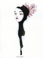 A watercolor portrait of a womans face with black hair and pink flowers in the style of Conrad Roset, featuring expressive eyes and subtle shading, blending seamlessly with India ink into an abstract form below.