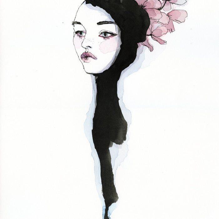 A watercolor portrait of a womans face with black hair and pink flowers in the style of Conrad Roset, featuring expressive eyes and subtle shading, blending seamlessly with India ink into an abstract form below.