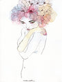 An artistic nude illustration with crossed arms and a head adorned in colorful watercolor flowers, reflecting Conrad Rosets style. Fine India ink lines and soft pastel hues combine to create an ethereal, dreamy look.