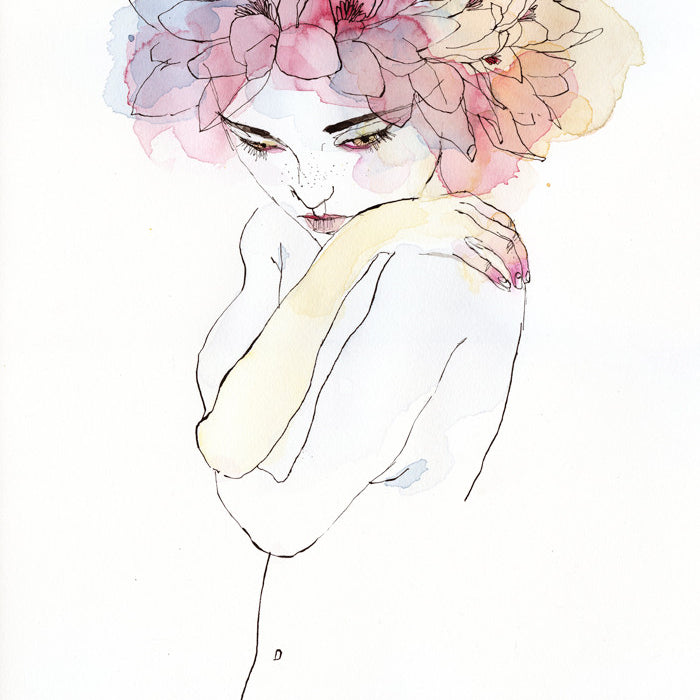 An artistic nude illustration with crossed arms and a head adorned in colorful watercolor flowers, reflecting Conrad Rosets style. Fine India ink lines and soft pastel hues combine to create an ethereal, dreamy look.