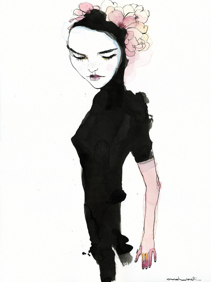 A Conrad Roset-inspired watercolor showcases a person with closed eyes in a black outfit, surrounded by flowers. One visible arm displays soft, muted colors in a minimalist style.