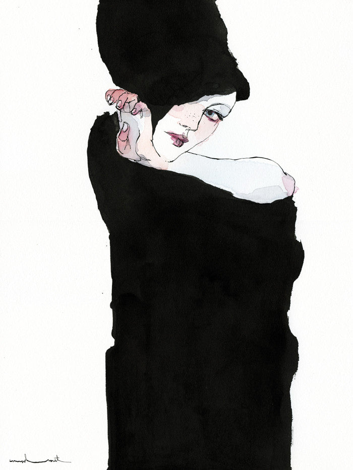 A minimalist illustration reminiscent of Conrad Rosets work showcases a person with bold makeup, a large black hat, and dark attire partially obscuring their face. The artwork contrasts light skin tones with delicate India ink accents against dark clothing.