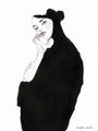A woman with dark hair in a bun wears black, thoughtfully resting her chin on her hand. In Conrad Rosets minimalist style, the illustration features stark black and white contrasts with subtle pink hues enhanced by India ink details.