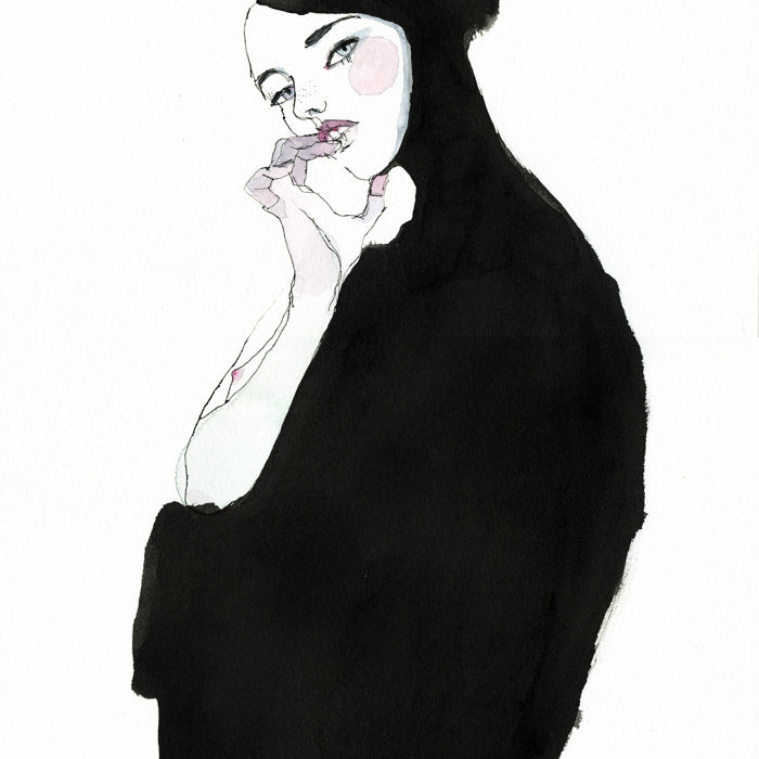 A woman with dark hair in a bun wears black, thoughtfully resting her chin on her hand. In Conrad Rosets minimalist style, the illustration features stark black and white contrasts with subtle pink hues enhanced by India ink details.