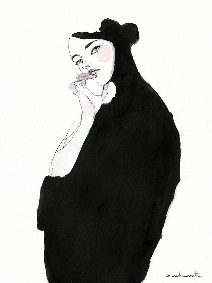 A woman with dark hair in a bun wears black, thoughtfully resting her chin on her hand. In Conrad Rosets minimalist style, the illustration features stark black and white contrasts with subtle pink hues enhanced by India ink details.