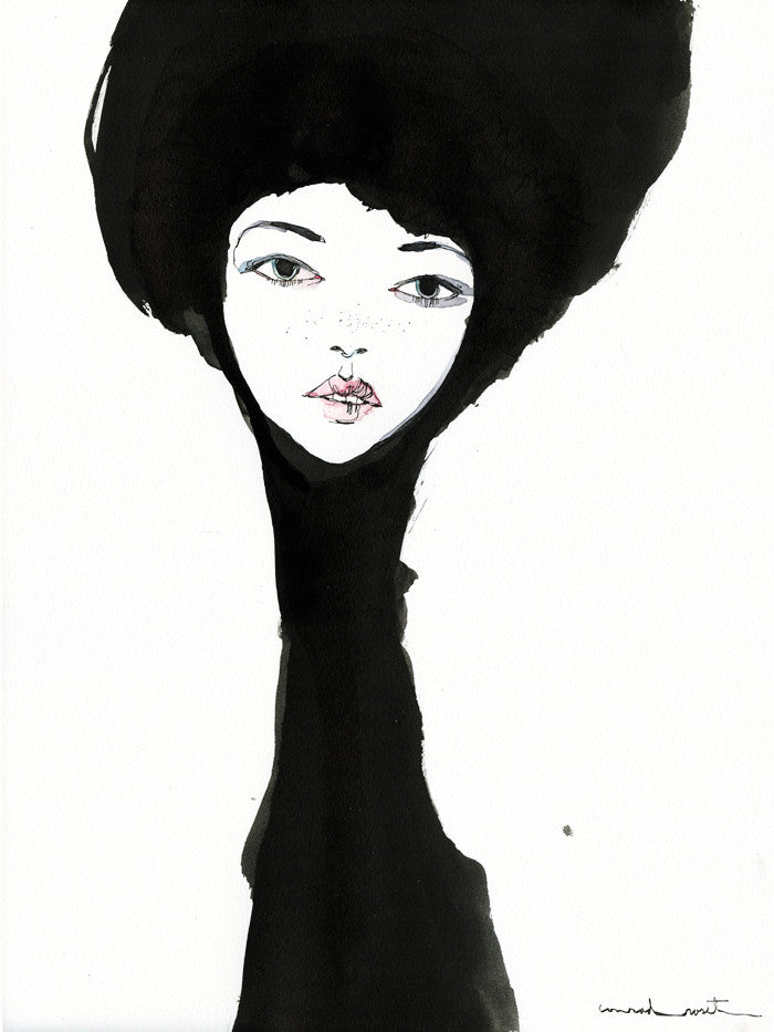 A Conrad Roset illustration features a stylized face with large eyes, surrounded by an abstract black form resembling hair. The pale face has minimal features, crafted in India ink for a monochromatic texture.