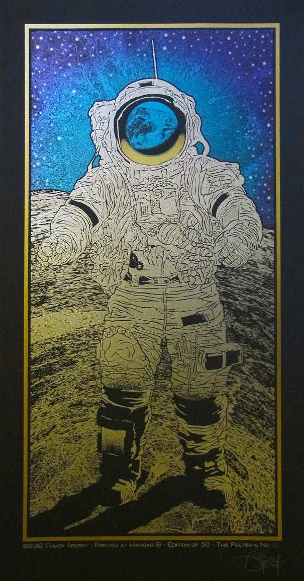 A vibrant and intricate Chuck Sperry piece features a front-view stylized astronaut on the lunar surface with Earth visible behind. The surreal, psychedelic artwork is available in a custom framed Jet Black Edition.