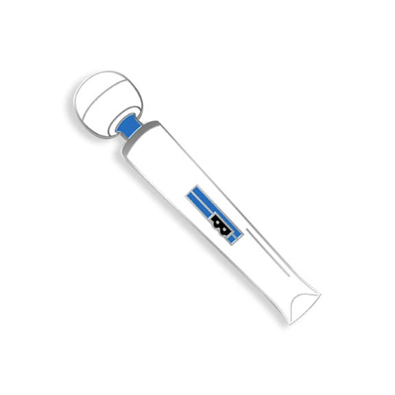 white back massager with blue details enamel pin