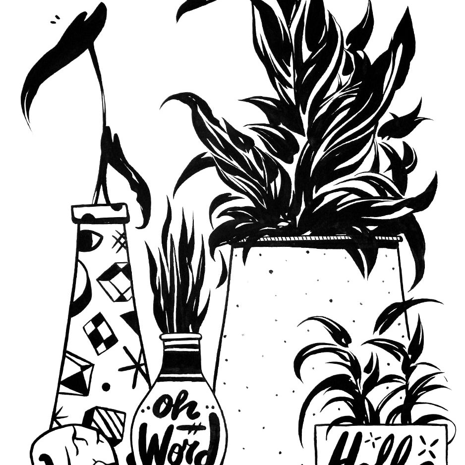 Bagger43 presents a black and white still-life illustration of three potted plants in unique containers: one shaped like a skull, another labeled Oh Word, and the smallest reads Holla, with abstract geometric patterns on the largest pot, all crafted meticulously with ink on paper.