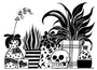 Bagger43s monochrome ink illustration features potted plants in patterned pots, a stylized skull, and a container marked Que. Dots, stripes, and abstract shapes add decoration, while the black-and-white contrast echoes the bold style reminiscent of Still-Life 11.