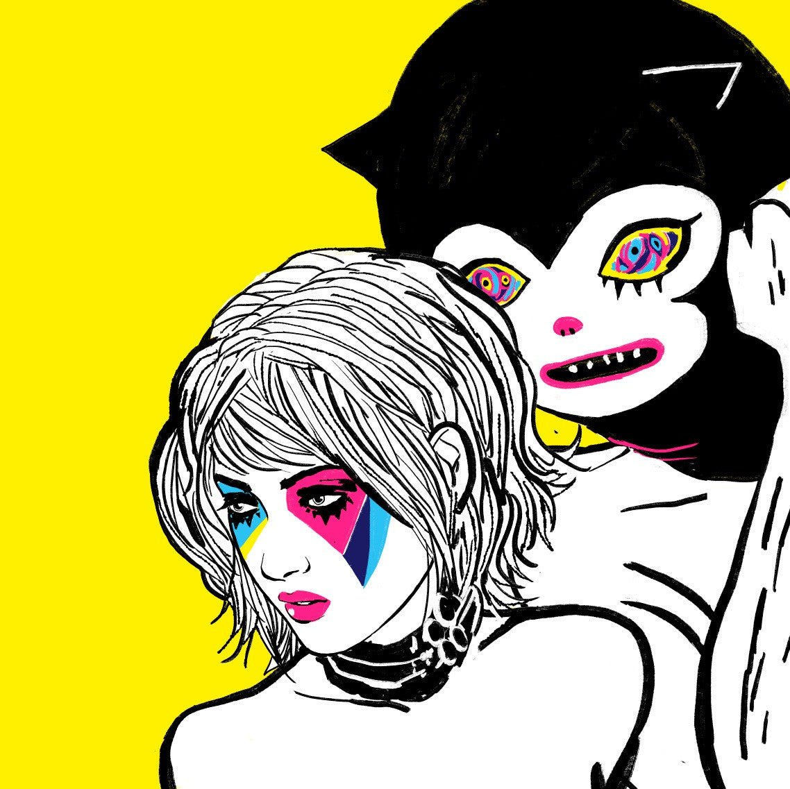A person with short hair and colorful geometric face paint stands before a figure with Thundercats-like eyes and a cat-like head. The bold yellow background, likely inspired by Barnaby Wards style, enhances the striking contrast.