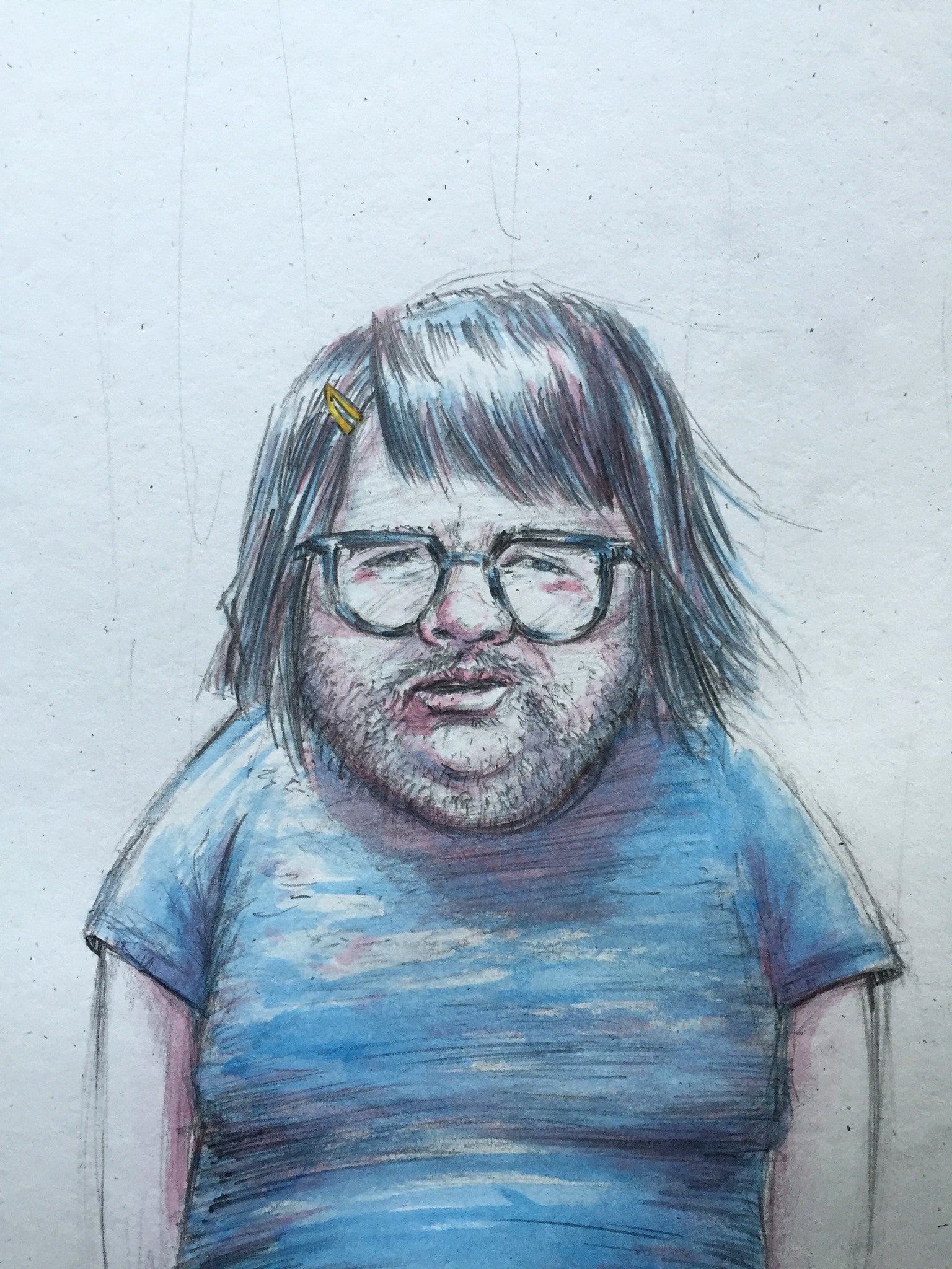 This Bobs Burgers-style illustration by Barry Blankenship features a person with medium-length hair, glasses, and a blue shirt. They have a beard and neutral expression, enhanced by lines and shading that add texture.