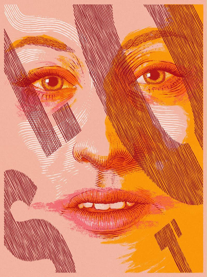 A womans face in warm red, orange, and pink tones with bold abstract lines overlays in a modern screenprint style, reflecting Bartosz Kosowskis artistic touch.
