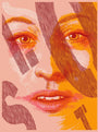 A womans face in warm red, orange, and pink tones with bold abstract lines overlays in a modern screenprint style, reflecting Bartosz Kosowskis artistic touch.