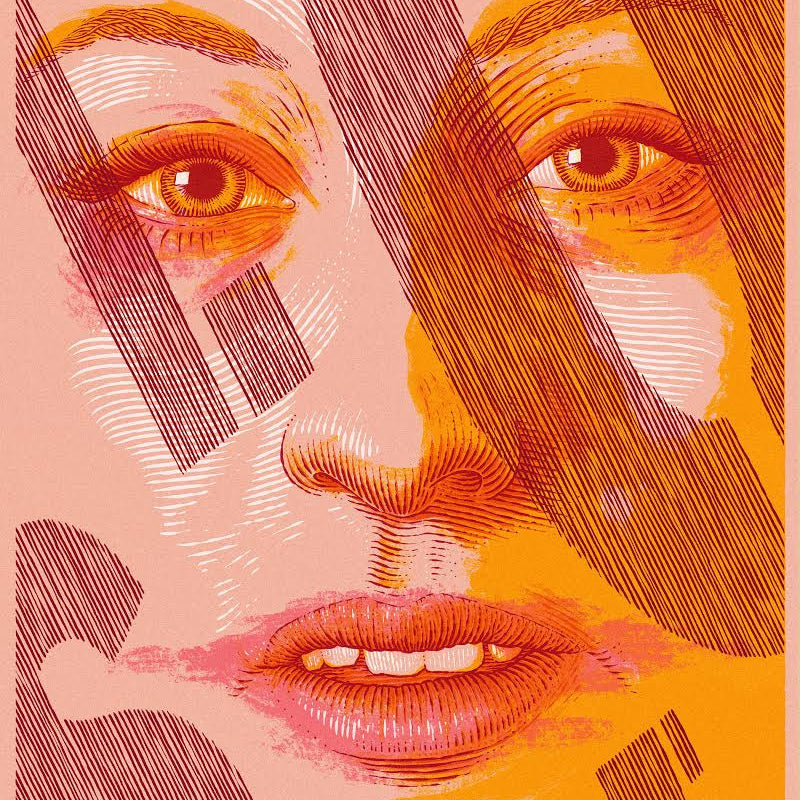 A womans face in warm red, orange, and pink tones with bold abstract lines overlays in a modern screenprint style, reflecting Bartosz Kosowskis artistic touch.