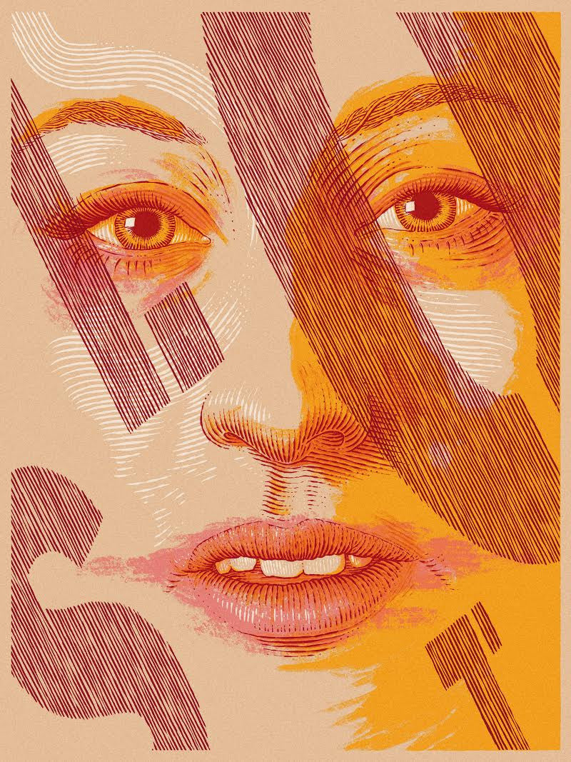 This limited edition art print by Bartosz Kosowski features an abstract illustration of a womans face in warm red and orange tones, accentuated by bold overlapping letters, with intricate line work creating a visually striking and layered composition.