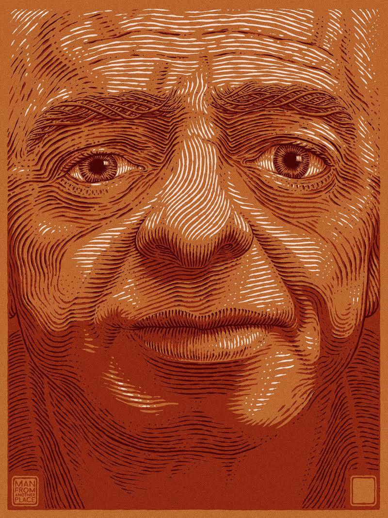Bartosz Kosowskis artwork features an illustrated portrait of an older man with textured lines, reminiscent of a screenprint. Earthy brown tones and geometric patterns on shimmering metallic paper highlight facial features with light and shadow effects.