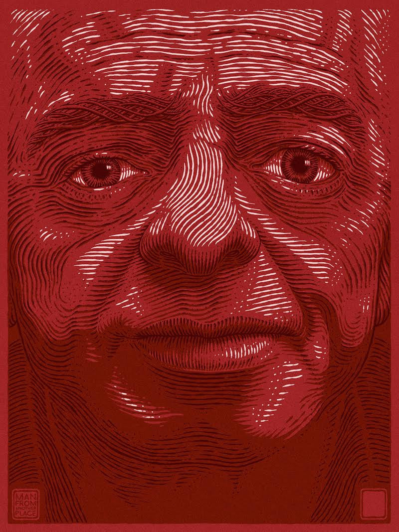 A stylized face illustration by Bartosz Kosowski, using textured lines and shades of red, reminiscent of a screenprint. The 3-color image emphasizes depth and contours with intricate linework showcasing facial features against a rich red backdrop.