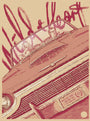 A screenprint-style illustration by Bartosz Kosowski shows a man and woman in sunglasses driving a vintage convertible from the front view, in beige and red tones. The background features large cursive Wild at Heart text, evoking a Sailor and Lula vibe.