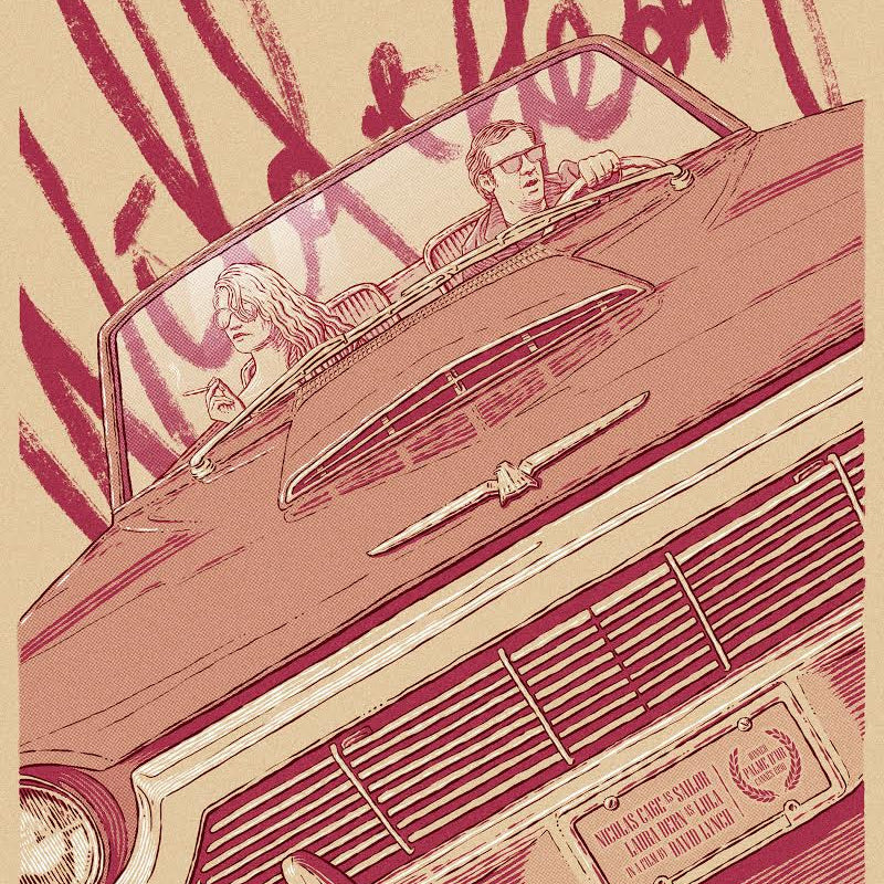 A screenprint-style illustration by Bartosz Kosowski shows a man and woman in sunglasses driving a vintage convertible from the front view, in beige and red tones. The background features large cursive Wild at Heart text, evoking a Sailor and Lula vibe.