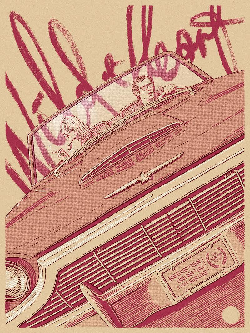 A screenprint-style illustration by Bartosz Kosowski shows a man and woman in sunglasses driving a vintage convertible from the front view, in beige and red tones. The background features large cursive Wild at Heart text, evoking a Sailor and Lula vibe.