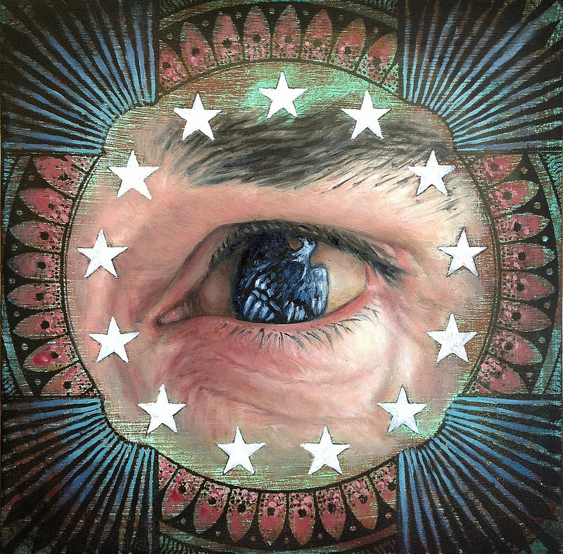 Beau Stantons artwork features a detailed human eye with a bird-reflecting pupil surrounded by cosmic wonders, stars, and intricate designs, evoking a dreamlike atmosphere reminiscent of a Scorsese art show.