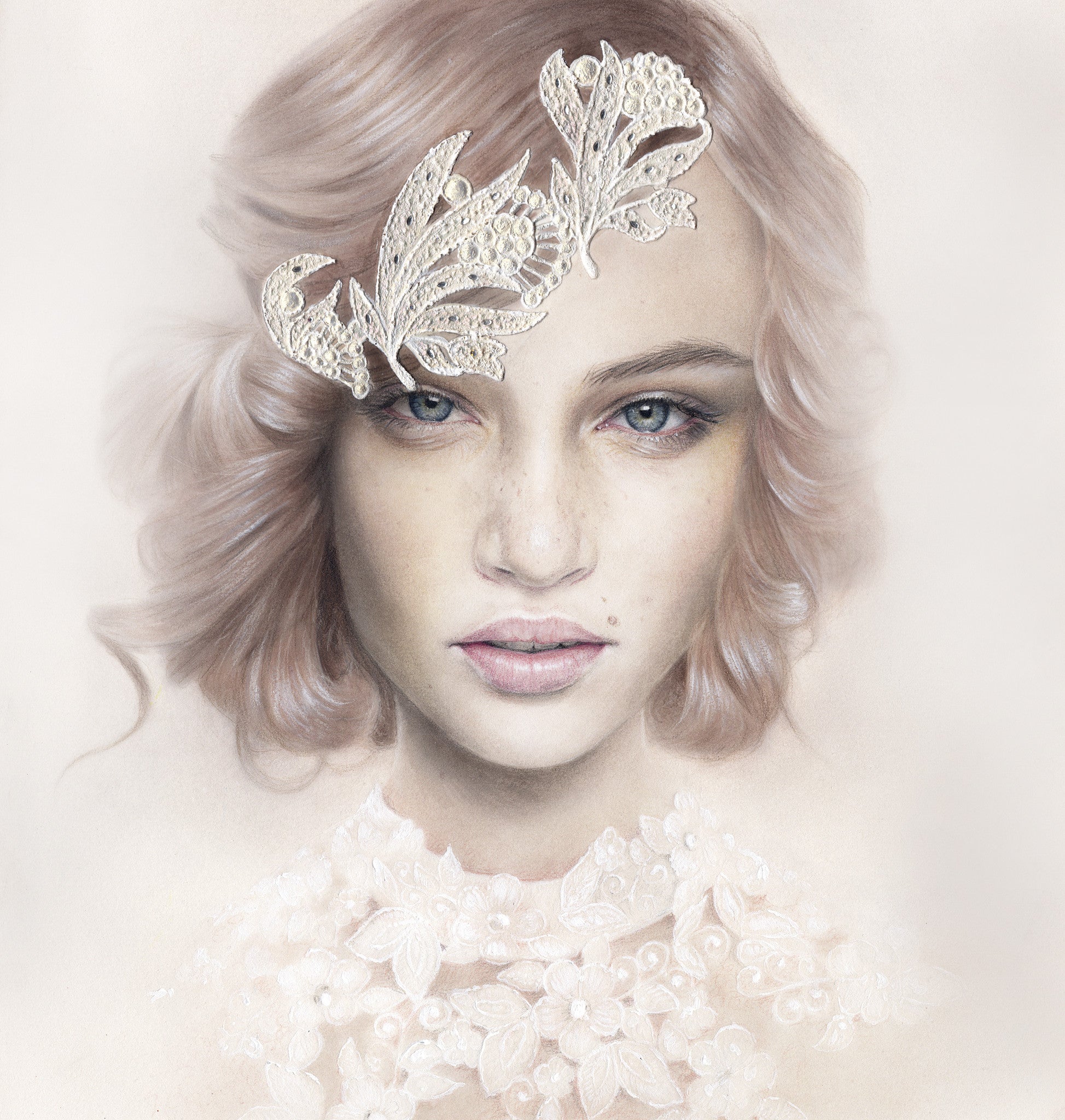 A woman with wavy, shoulder-length pink hair dons an intricate Bec Winnel lace headpiece featuring floral designs. Her neutral expression and matching lace outfit resemble delicate pastel artwork set against a soft background.