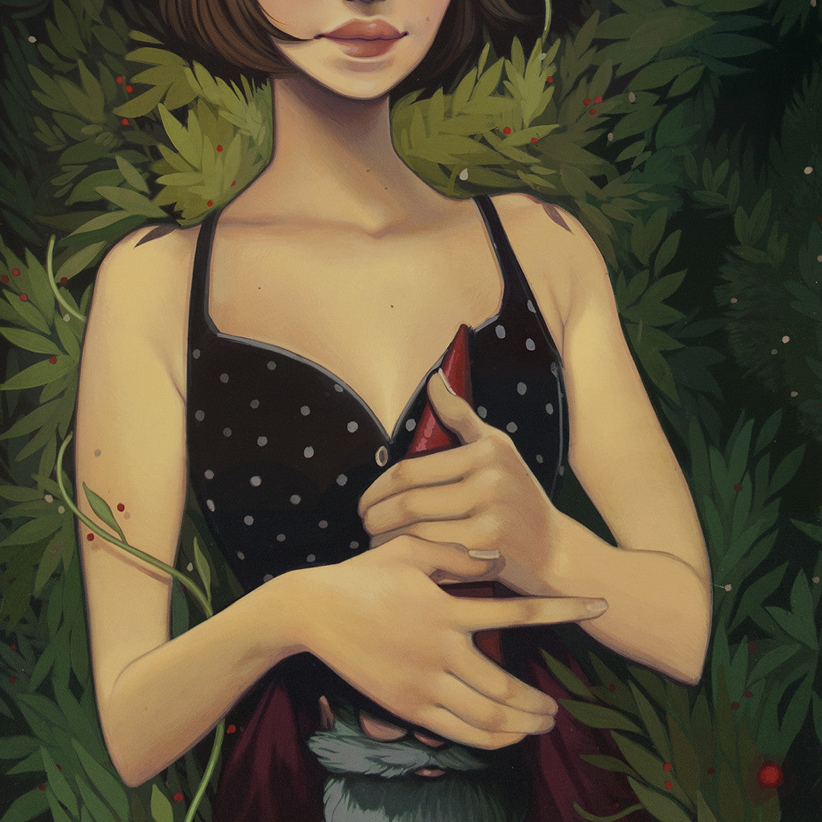 A girl with short brown hair lies among foliage wearing a black polka dot dress, cradling a small gnome. Green leaves and red berries surround her, creating an enchanting atmosphere reminiscent of Kelsey Becketts acrylic on panel style.