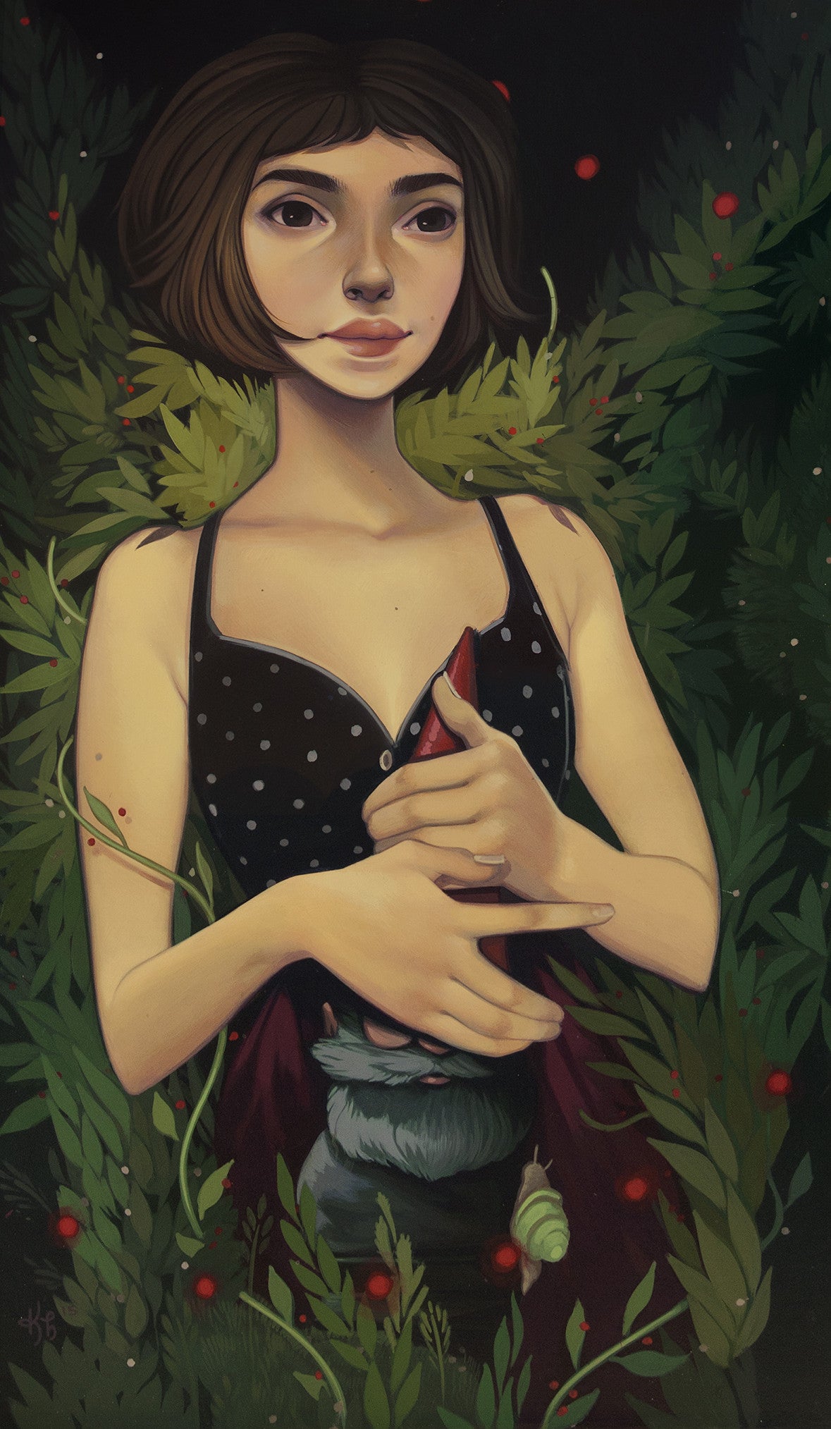 A girl with short brown hair lies among foliage wearing a black polka dot dress, cradling a small gnome. Green leaves and red berries surround her, creating an enchanting atmosphere reminiscent of Kelsey Becketts acrylic on panel style.