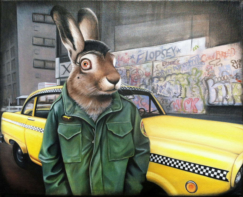 A realistic rabbit with a human-like body in a green jacket stands before a yellow taxi. Set against graffiti and urban buildings, the scene captures the gritty essence of a Martin Scorsese film. Oil on canvas by Bethany Marchman.