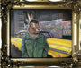 A Bethany Marchman framed oil on canvas painting shows a rabbit in a green jacket before a yellow taxi, with FLOPSY graffiti in the background. The ornate frame has floral details, evoking Martin Scorseses cinematic style.