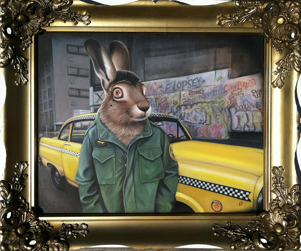 A Bethany Marchman framed oil on canvas painting shows a rabbit in a green jacket before a yellow taxi, with FLOPSY graffiti in the background. The ornate frame has floral details, evoking Martin Scorseses cinematic style.
