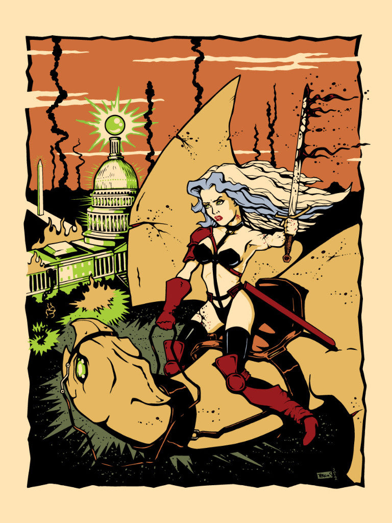 A warrior woman with long silver hair rides a dragon, glowing sword in hand. The Billy Perkins design evokes a Heavy Metal vibe with a damaged cityscape and domed building emitting green light, while dark smoke contrasts the orange sky, creating an epic screen print effect.