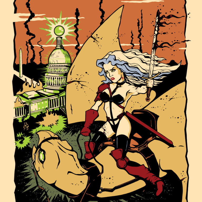A warrior woman with long silver hair rides a dragon, glowing sword in hand. The Billy Perkins design evokes a Heavy Metal vibe with a damaged cityscape and domed building emitting green light, while dark smoke contrasts the orange sky, creating an epic screen print effect.