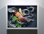 Crystal Wagners shadow box showcases intricate layered paper art with swirling patterns in black, white, gray, and vibrant hues like pink, yellow, and green. Various shapes and textures form a dynamic abstract composition that captures the spirit of the Beyond Eden Art Fair.