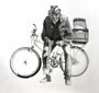 A man in casual attire and a hat stands beside a bicycle with a rear basket, holding a chain. The black-and-white image, in Joel Phillips charcoal and graphite style, highlights detailed textures in clothing and accessories.