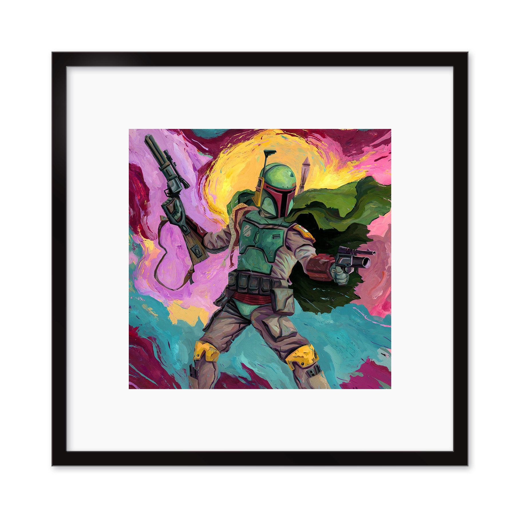 Rich Pellegrinos limited edition print showcases a sci-fi bounty hunter in armor, dual-wielding blasters against a cosmic backdrop with swirling colors and a large yellow circle, all framed elegantly in black.