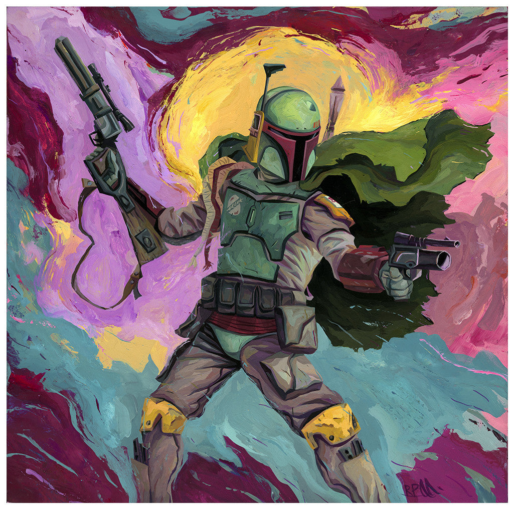 A sci-fi character clad in green armor and helmet, echoing Boba Fetts iconic look, stands dynamically against a vibrant backdrop of pink, purple, and yellow. A dark cape flows behind in this action-packed scene captured as a stunning limited edition print by Rich Pellegrino.