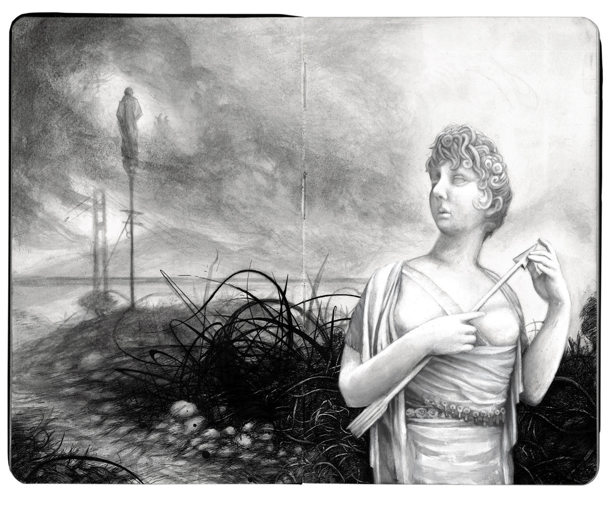 A grayscale drawing in Bradley Platzs style shows a classical statue of a woman with a staff amid tangled branches and a lone figure on a pole silhouetted against a cloudy sky, reminiscent of The Last of the Stylites.