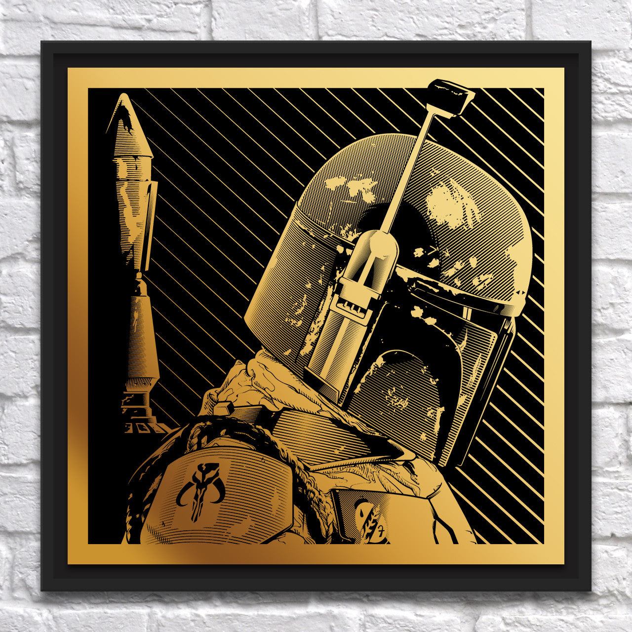 A Joshua Budich illustration of Boba Fett facing sideways on a diagonal striped black background, framed by a gold border. The detailed armor resembles a brass edition, with a vertical laser-etched object behind.