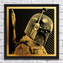 A Joshua Budich illustration of Boba Fett facing sideways on a diagonal striped black background, framed by a gold border. The detailed armor resembles a brass edition, with a vertical laser-etched object behind.