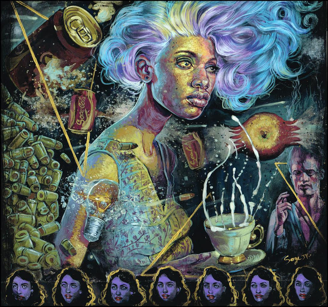 An acrylic on canvas artwork by artist Serge Gay Jr. depicts a vibrant purple-haired figure surrounded by floating soda cans and a glowing light bulb. A steaming teacup and faces line the bottom, infusing whimsy, while a contemplative observer looks on from afar.