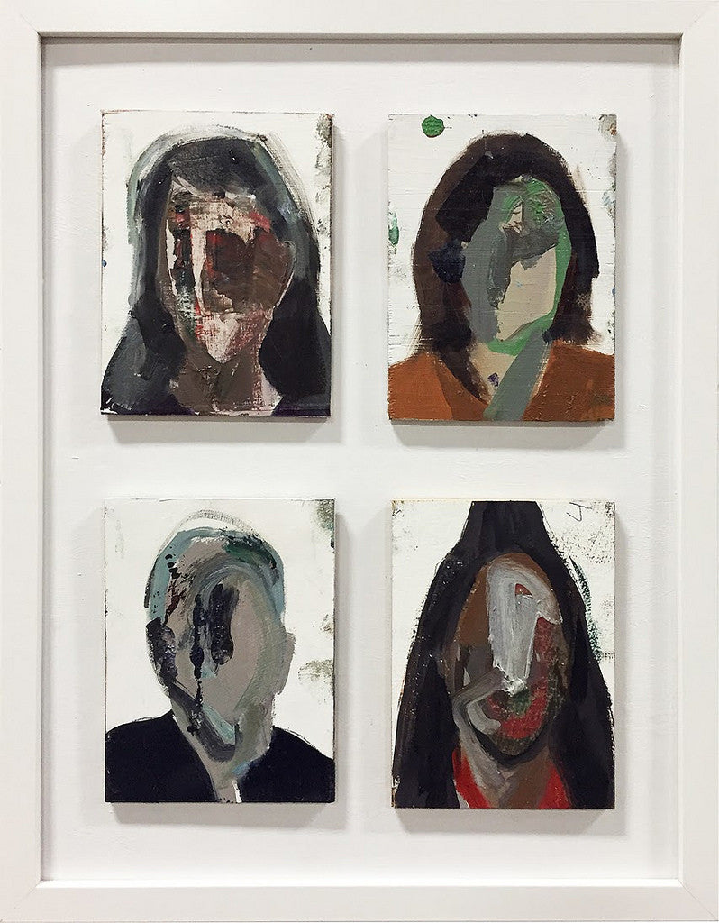 A white-framed collection of four abstract portraits by Brett Amory showcases his signature oil on wood style: dark, muted tones in the top left image; green and brown shades in the top right; and contrasting dark colors in the bottom two images.