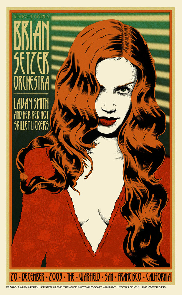 A Chuck Sperry vintage-style poster depicts a woman with wavy red hair in a deep red dress, highlighting the Brian Setzer Orchestra event at The Warfield on December 20, 2009, San Francisco, capturing the elegance and energy perfectly.