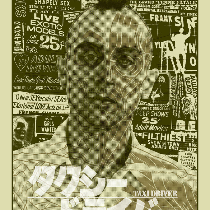 A limited edition screen print by Brian Ewing features a stylized poster of a mans face made from magazine clippings, with overlapping text and images. Headlines fill the background, and sepia-toned Japanese text at the bottom reads Taxi Driver, capturing Martin Scorseses art.